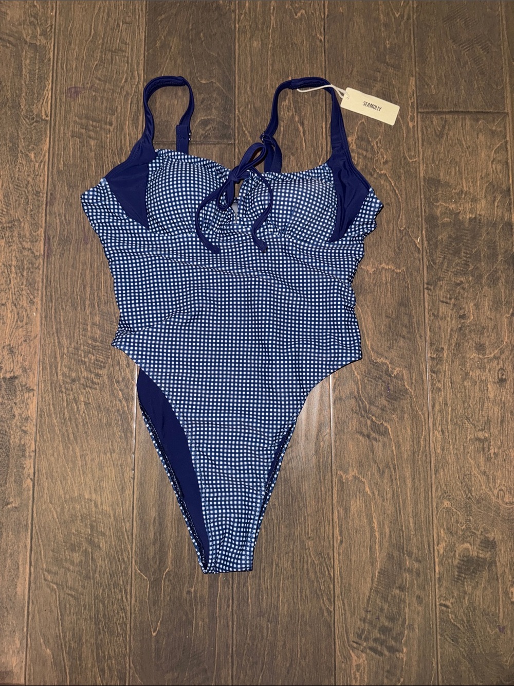 Seamolly Vintage Gingham Drawstring Tied Front One-piece Swimsuit